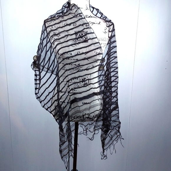 Womens Scarf EXTRA Long & Wide Black SHEER W/ Vertical Stripes FRINGE on Ends - Picture 3 of 6